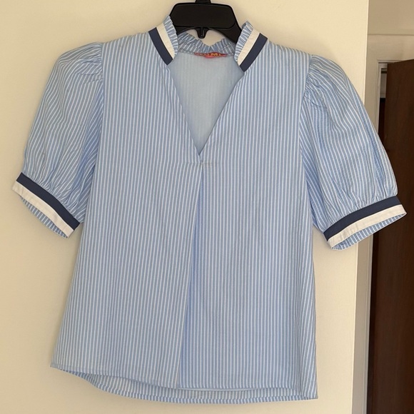 THML Tops - THML Light Blue Striped ‘Blue Sky Top’ V-Neck Coastalgrandmother Nautical XS